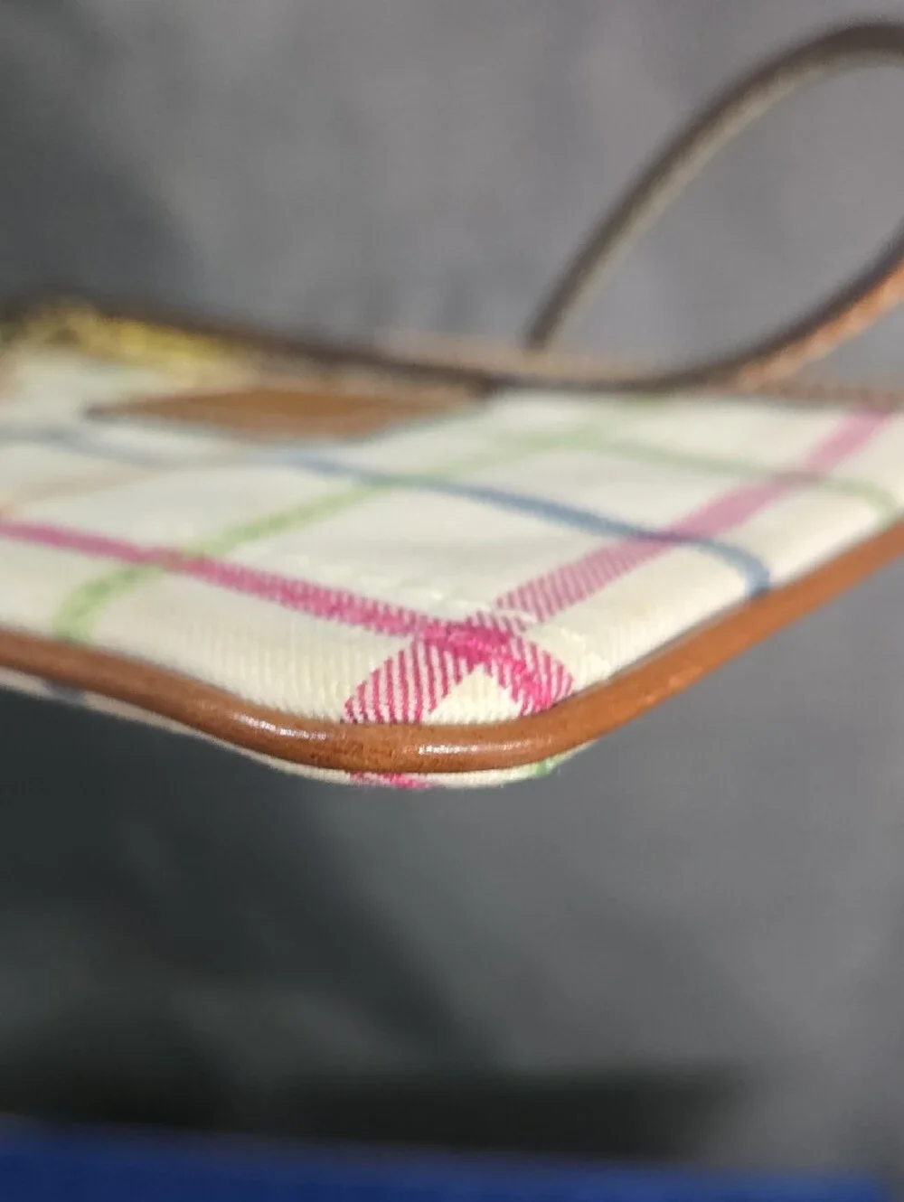 Coach Tattersall Canvas Wristlet with Tan Leather Trim
